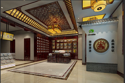 神木古朴典雅的中式茶叶店大堂设计效果图
